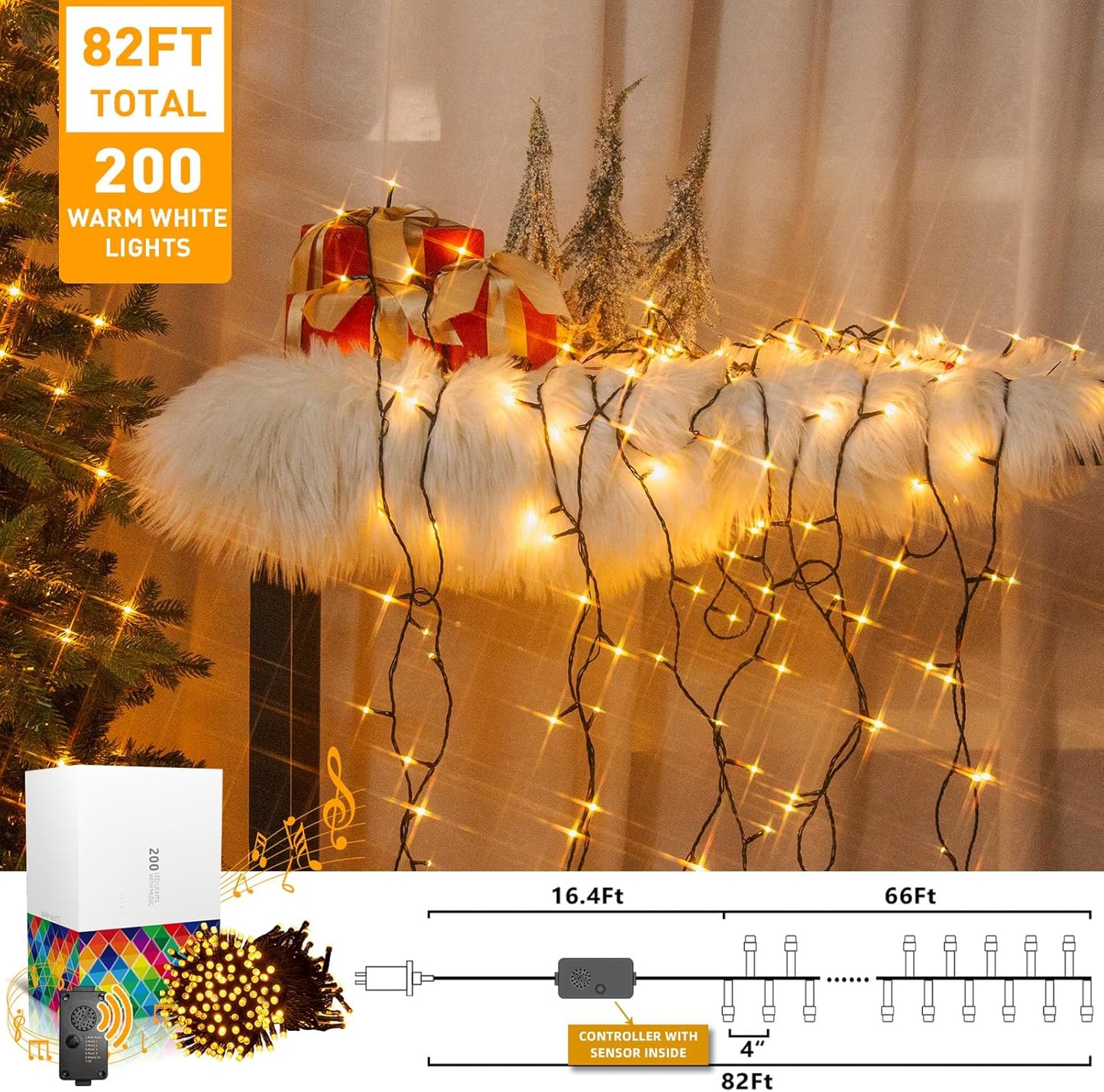 EAMBRITE 25m Lichterkette mit 200 warmweißen LEDs und fröhlicher Musik für Außendekoration