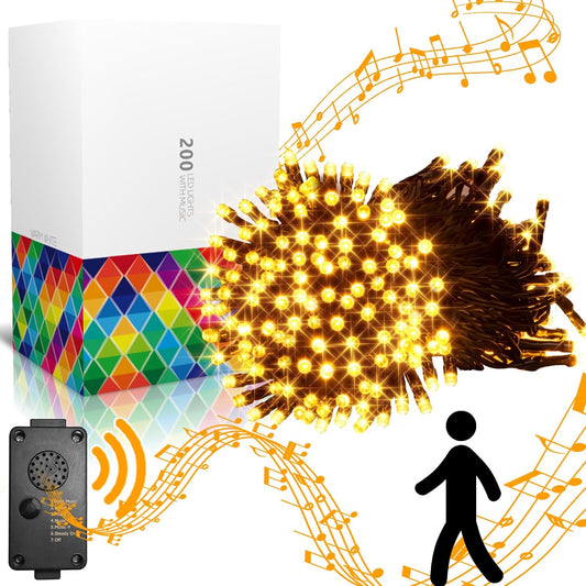 EAMBRITE 25m Lichterkette mit 200 warmweißen LEDs und fröhlicher Musik für Außendekoration