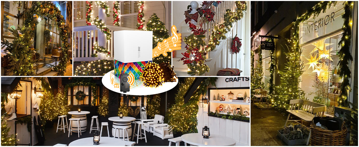 EAMBRITE 25m Lichterkette mit 200 warmweißen LEDs und fröhlicher Musik für Außendekoration