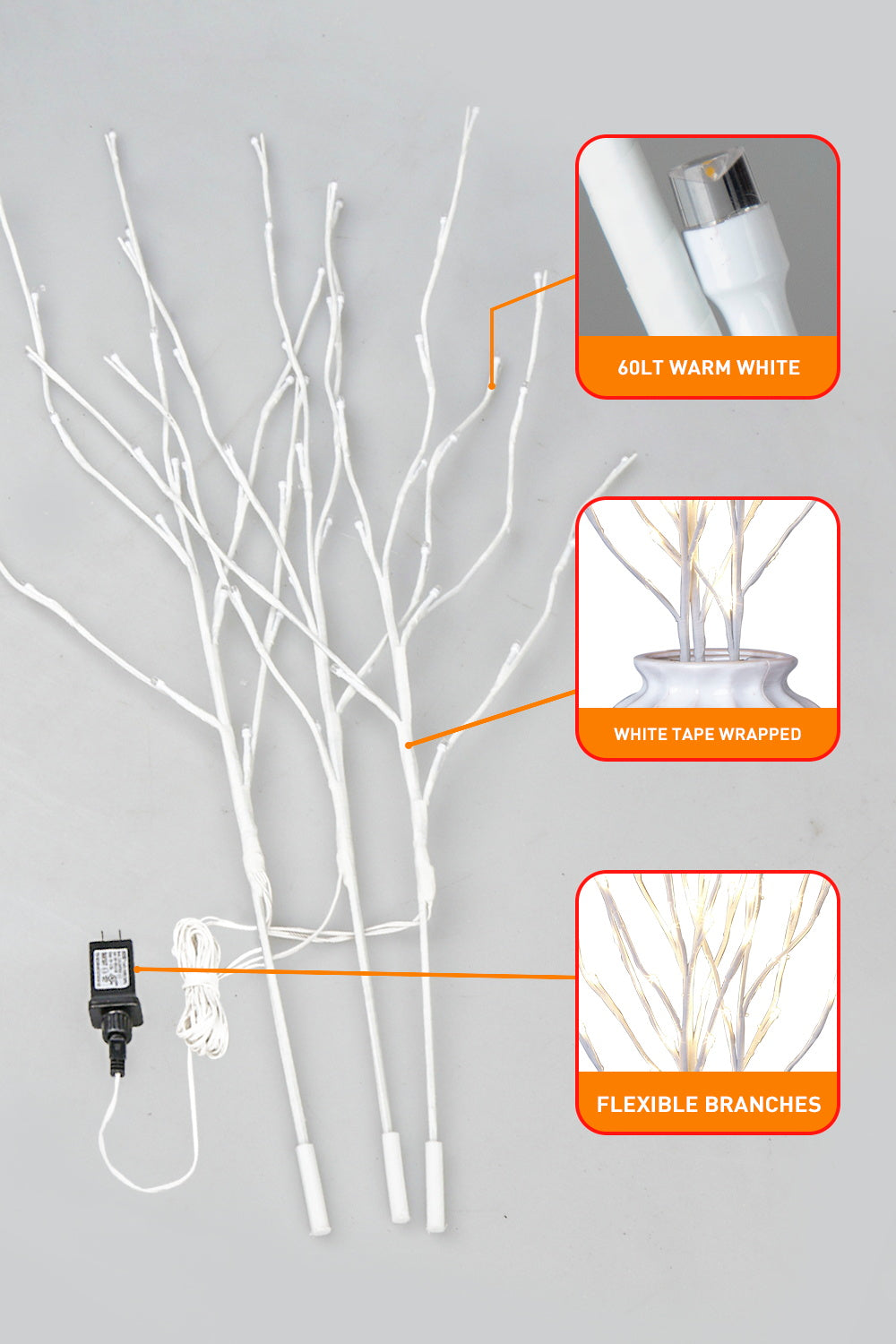  EAMBRITE Ramas Blancas Iluminadas, 30 Pulgadas, 60 LED