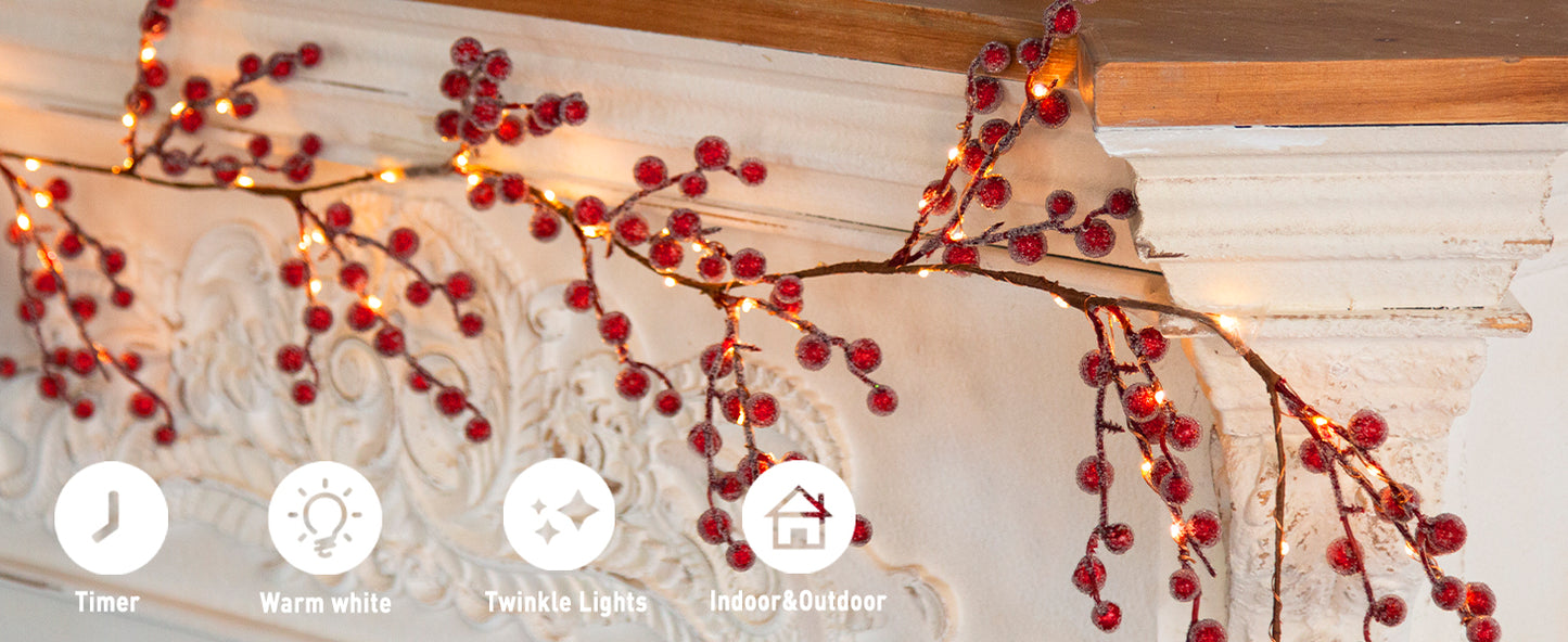 EAMBRITE Guirnalda de Bayas Rojas Iluminadas , Guirnalda de Navidad de 6 Pies con 88 LED y Luces Blancas Cálidas