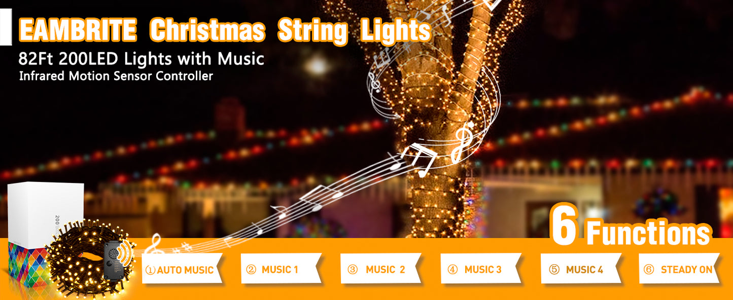 EAMBRITE 25m Lichterkette mit 200 warmweißen LEDs und fröhlicher Musik für Außendekoration