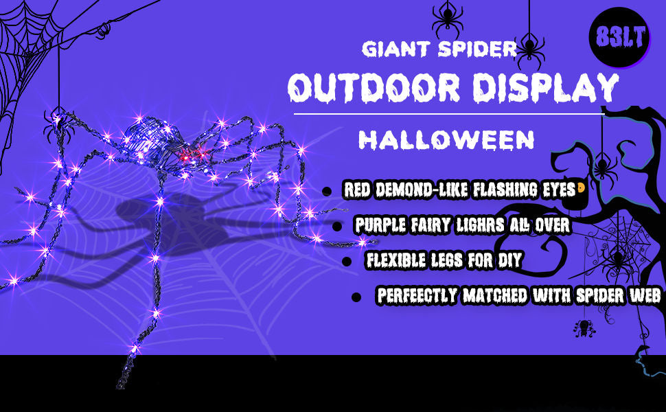 Araignée géante d'Halloween EAMBRITE de 1,5 m, araignée lumineuse d'extérieur avec 84 LED violettes
