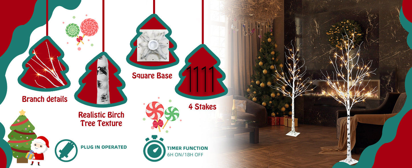 EAMBRITE 1,52 m (5 FT) 1,83 m (6 FT) Weißbirkenbaum - Set Weihnachtsbaumdekorationen