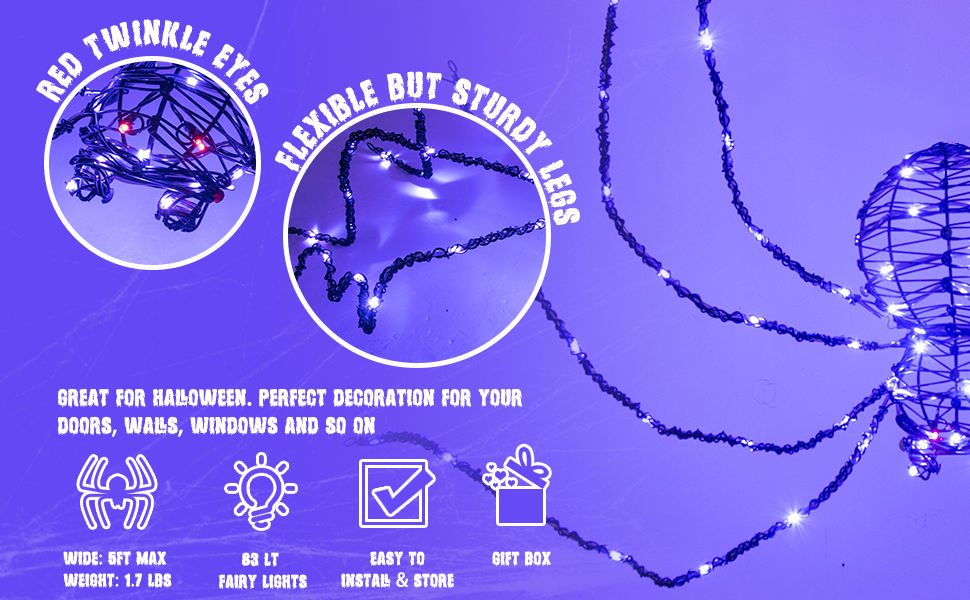 Araignée géante d'Halloween EAMBRITE de 1,5 m, araignée lumineuse d'extérieur avec 84 LED violettes