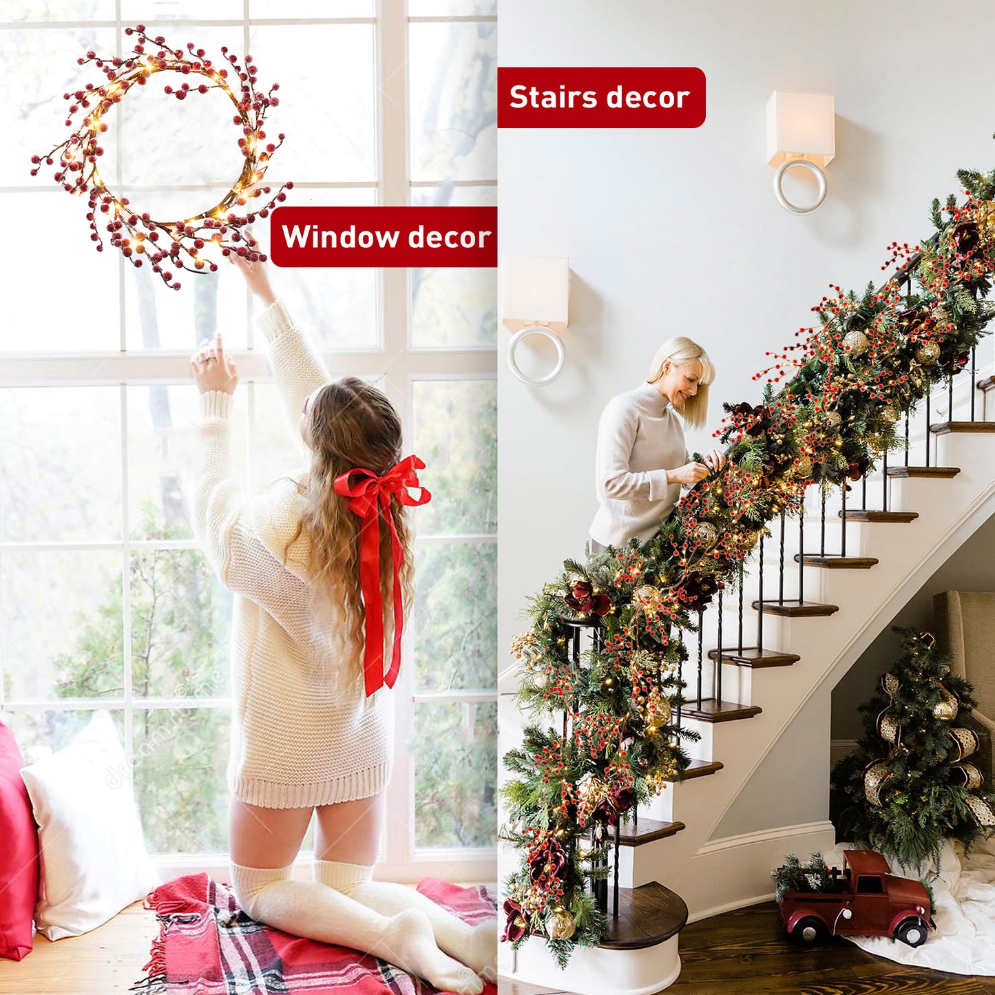 EAMBRITE Guirnalda de Bayas Rojas Iluminadas , Guirnalda de Navidad de 6 Pies con 88 LED y Luces Blancas Cálidas