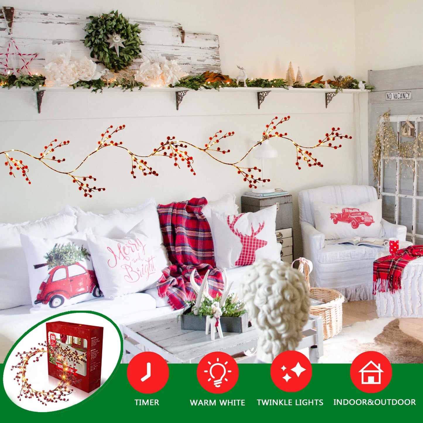EAMBRITE Guirnalda de Bayas Rojas Iluminadas , Guirnalda de Navidad de 6 Pies con 88 LED y Luces Blancas Cálidas