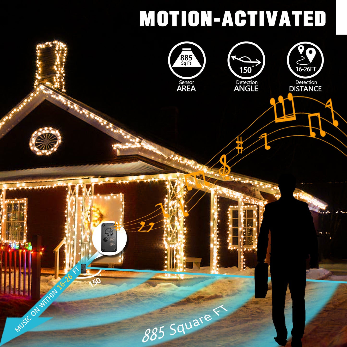 EAMBRITE 25m Lichterkette mit 200 warmweißen LEDs und fröhlicher Musik für Außendekoration