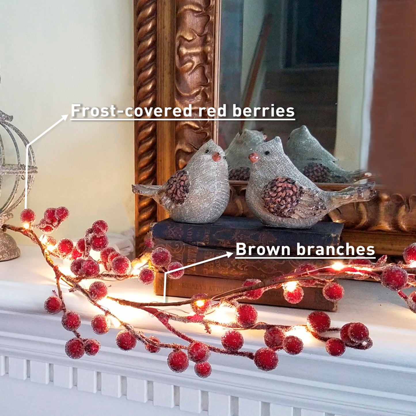 EAMBRITE Guirnalda de Bayas Rojas Iluminadas , Guirnalda de Navidad de 6 Pies con 88 LED y Luces Blancas Cálidas