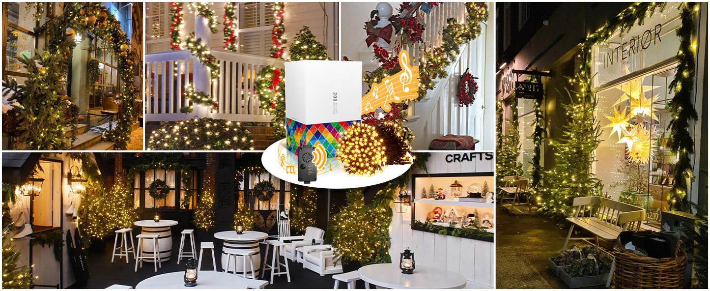 EAMBRITE 25m Lichterkette mit 200 warmweißen LEDs und fröhlicher Musik für Außendekoration